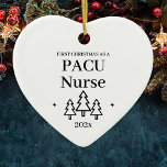 Pacu Nurse First Christmas Ceramic Ornament<br><div class="desc">First Christmas as a PACU nurse heart ornament for a new job in nursing in the post-anesthesia care unit. Elegant porcelain ceramic holiday ornaments in white with black lettering. Featuring Christmas trees and stars.</div>