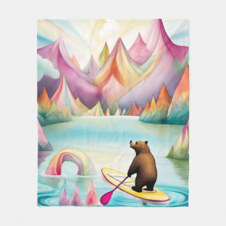 Paddle Boarding Bear in a Pastel Colour Design Fleece Blanket