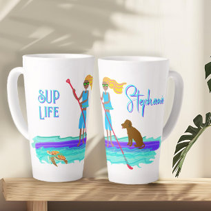 Paddle-boarding Life Teen Girl and Dog Illustrated Latte Mug