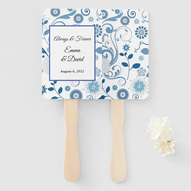 Paddle Fan-Blue Floral Hand Fan (Front and Back)