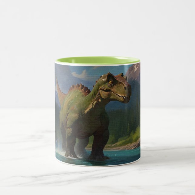 Paddling Brontosaurus & River Fun  Two-Tone Coffee Mug (Center)