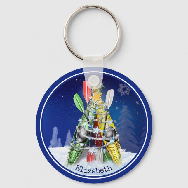paddling winter Kayak Christmas Tree personalized Keychain (Front)