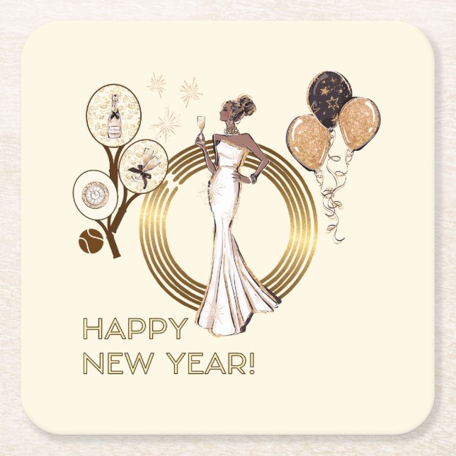 PADEL COASTER: NEW YEAR’S PADEL DIVA CREAM & GOLD SQUARE PAPER COASTER (Front)