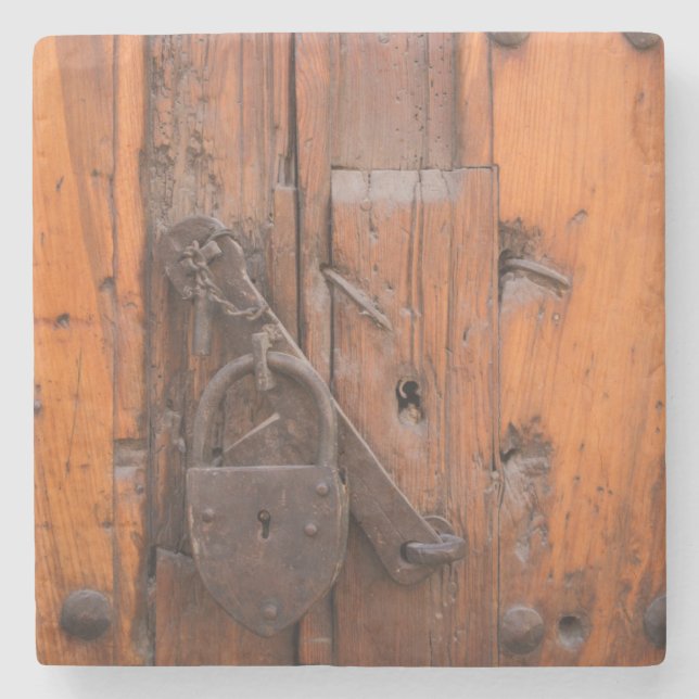 Padlock on wooden door stone coaster (Front)