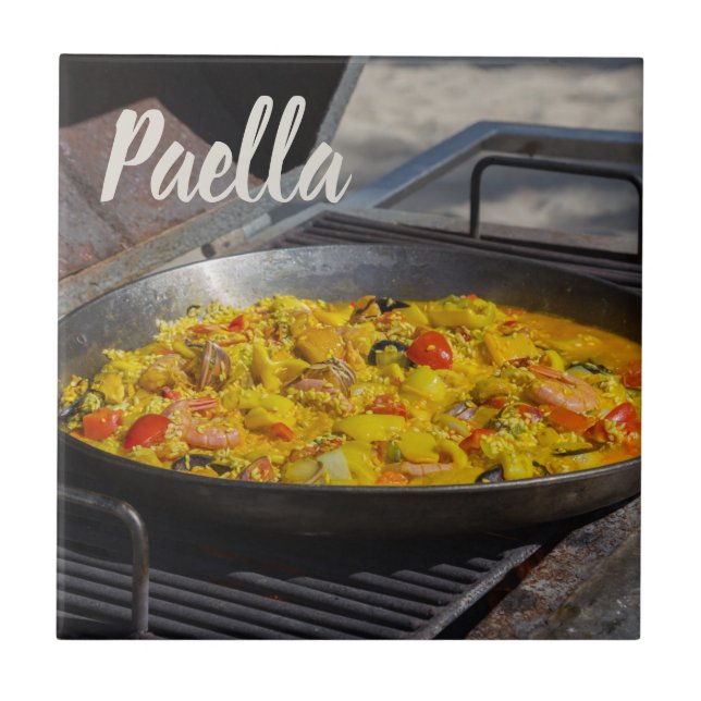 Paella is cooked on a grill gift for chef tile (Front)