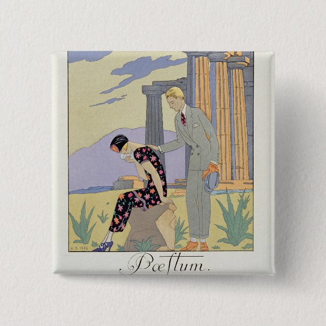 Paestum, 1924 (pochoir print) 2 inch square button (Front)