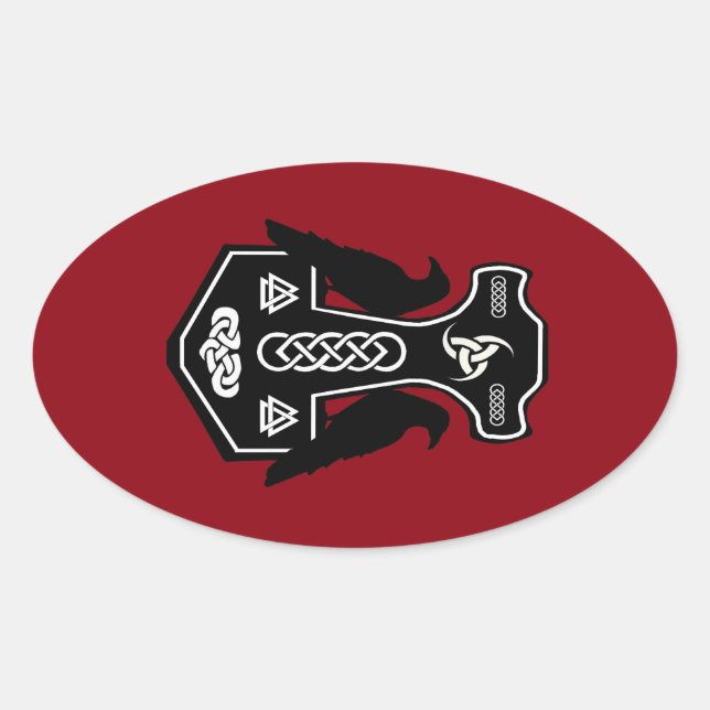 Pagan Celtic Thor's Hammer with Ravens Oval Sticker (Front)