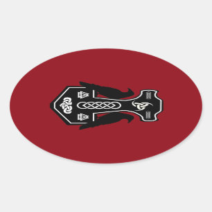 Pagan Celtic Thor's Hammer with Ravens Oval Sticker