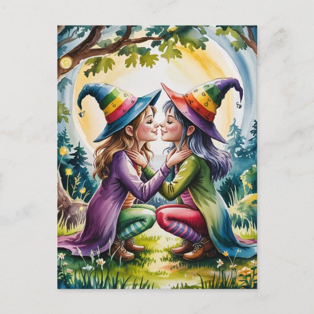 Pagan Lesbian Witches in Rainbow Witch Hats Postcard (Front)