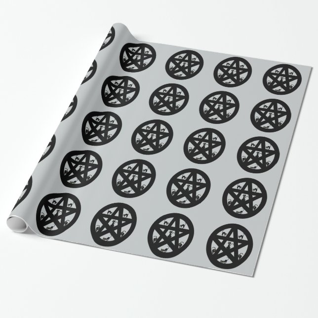 Pagan Pentacle and Black Cats Wrapping Paper (Unrolled)