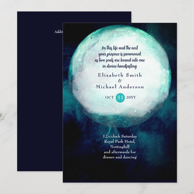 Pagan Wiccan Teal Moon Gothic Handfasting Invite (Front/Back)