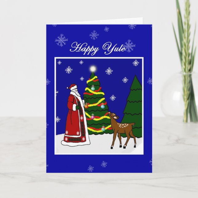 Pagan Winter Solstice Yule Santa, Tree and Deer Card (Front)