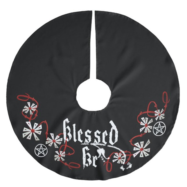Pagan Yule Tree Skirt, Pentacle Tree Skirt, Black Brushed Polyester Tree Skirt (Front)