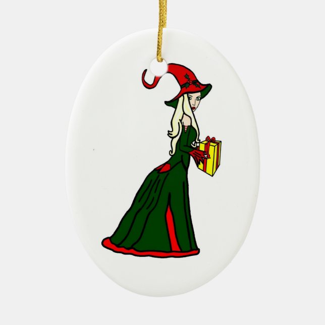 Pagan Yule Witch Ceramic Ornament (Front)