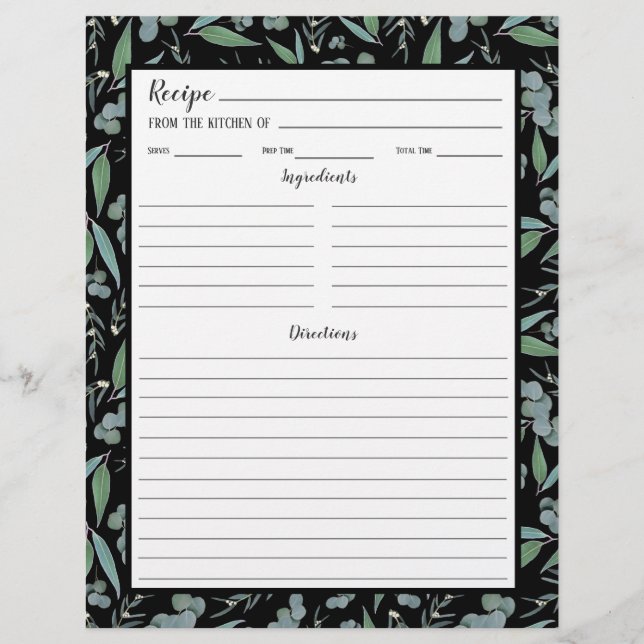 Page de Classeur de recette Motif noir chic Eucaly (Devant)