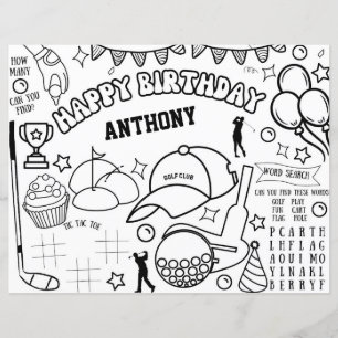 Page de coloriage d'anniversaire de golf, Fiche d'