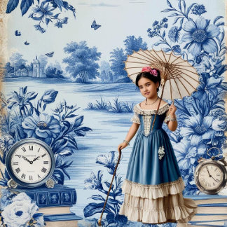 Page de scrapbook à toile de Jouy bleue