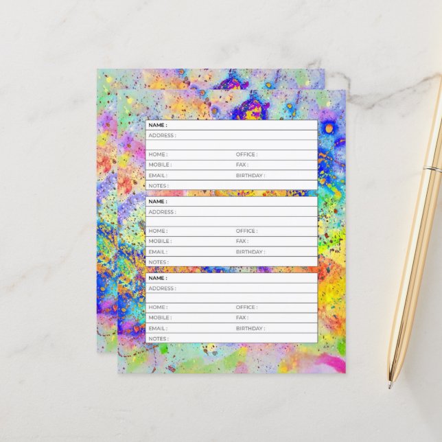 Page du carnet d'adresses des éclats colorés (Devant/Arrière en situation)