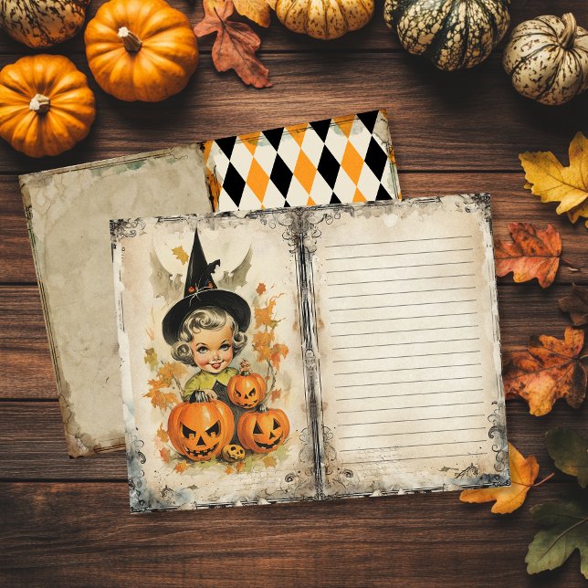 Page Journal de junk de sorcière vintage (Vintage Halloween Junk Journal Page featuring cute witch and pumpkins)