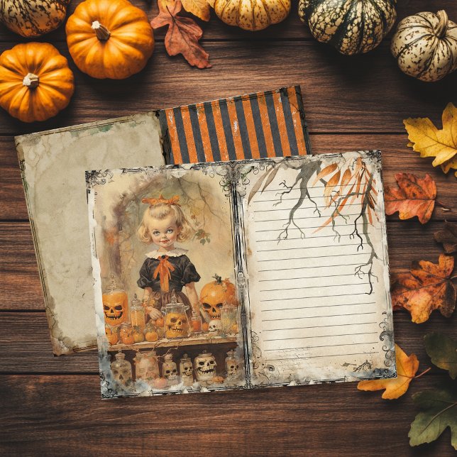 Page Journal vintage Déplaisant pour fille Hallowe (Vintage Halloween Junk Journal Page featuring a creepy girl and skulls)