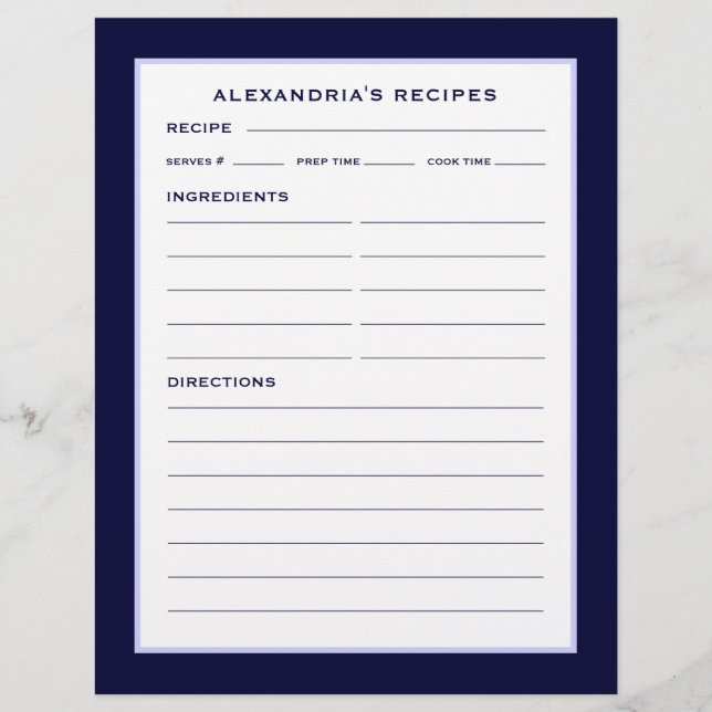 Page Nom + Recettes | Simple Navy & White (Devant)