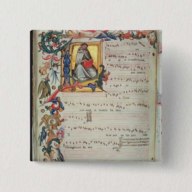 Page of musical notation with a historiated 2 inch square button (Front)