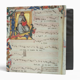 Page of musical notation with a historiated binder