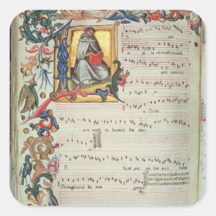Page of musical notation with a historiated square sticker