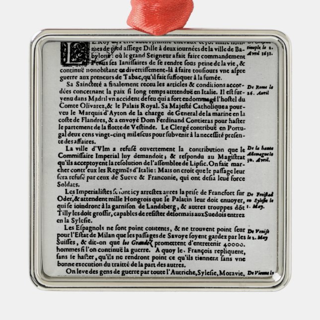 Page of text from 'La Gazette' Metal Ornament (Front)