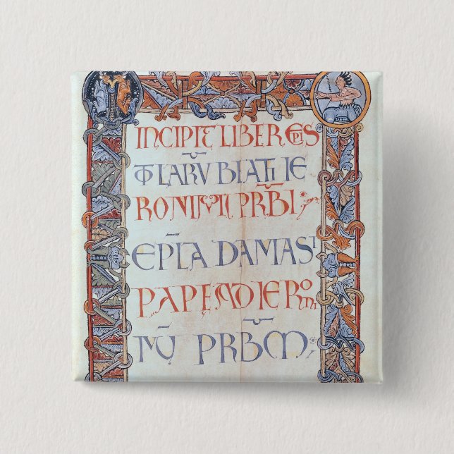 Page of text with a floriated border 2 inch square button (Front)