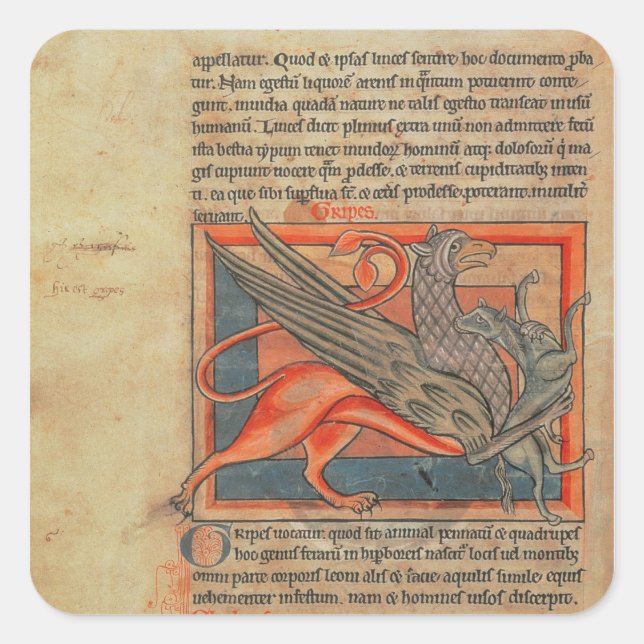 Page of text with an illustration of a griffin square sticker (Front)