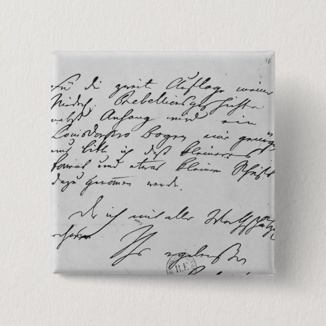 Page of text with his signature 2 inch square button (Front)