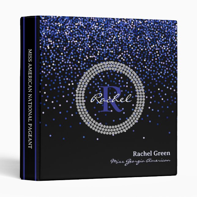 Pageant Notebook Blue Glitter Monogram Rhinestone Binder (Front/Spine)