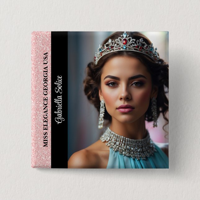 Pageant Photo Button Pin Rose Gold Glitter Border (Front)
