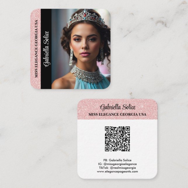 Pageant Photo Calling Card Pink Glitter QR Code (Front/Back)