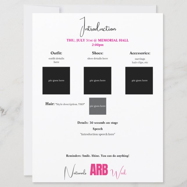 Pageant Planner Event Paper Sheet (Front)