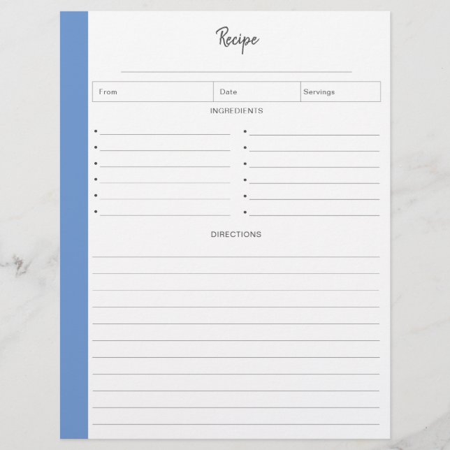 Pages de recette liées au format lettre bleue (Devant)