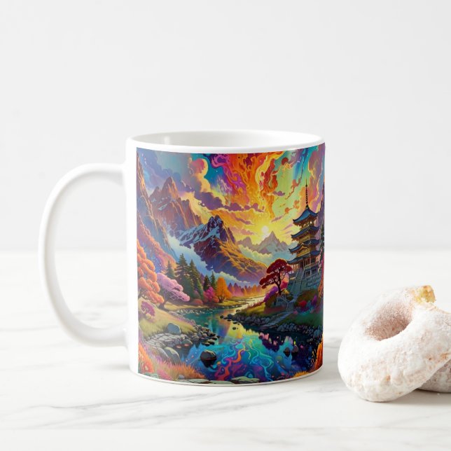 Pagoda and Coloured Landscape Coffee Mug (With Donut)