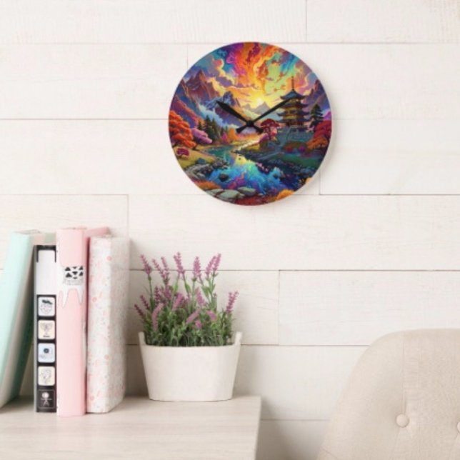 Pagoda and Coloured Landscape  Large Clock (Pagoda backside hanging slot  non-ticking design. 2 sizes: 8" diameter or 10  diameter.)