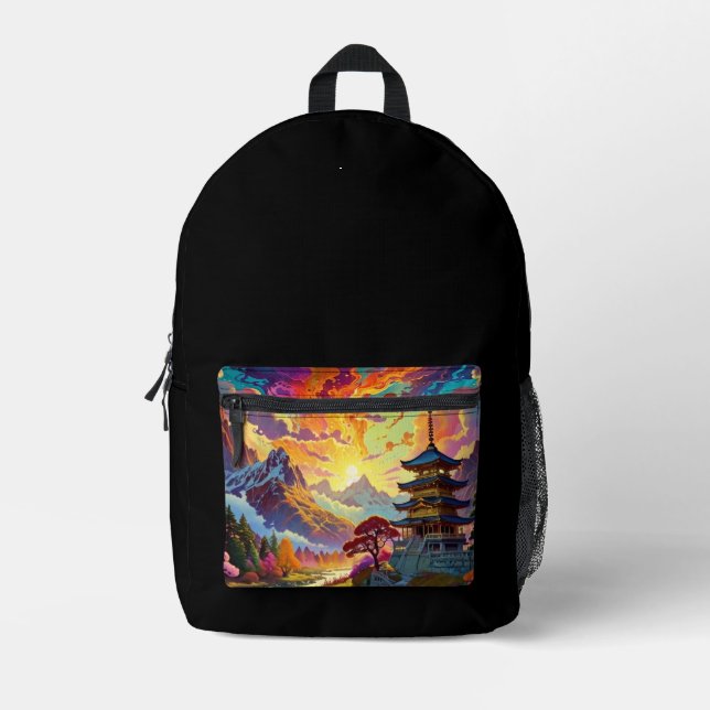 Pagoda and Coloured Landscape Printed Backpack (Front)