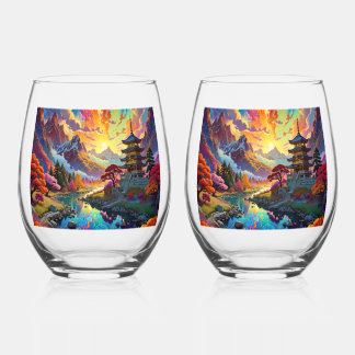 Pagoda and Coloured Landscape  Stemless Wine Glass