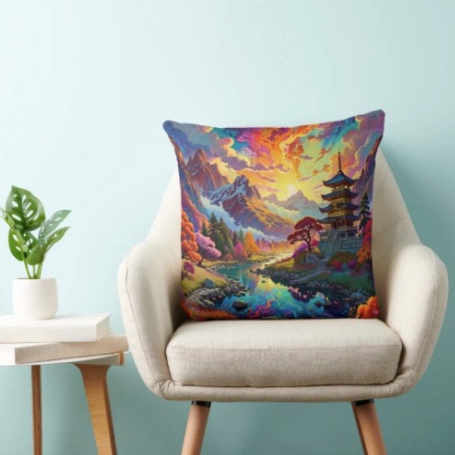 Pagoda and Coloured Landscape  Throw Pillow (Vibrant Pagoda  Fantasy Landscape pillow high quality 100% polyester hidden zipper enclosure.)