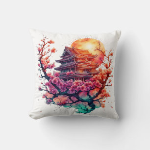  Pagoda & Blossoms Throw Pillow
