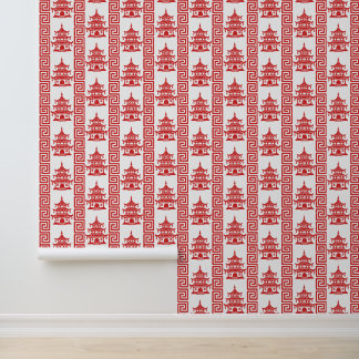 Pagoda Greek Key Stripe – Red Chinoiserie  Wallpaper
