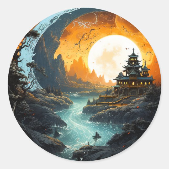 Pagoda Palace River Yin Yang Martial Arts Classic Round Sticker (Front)