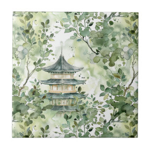 Pagoda Woodland Sage Olive Watercolor Tile