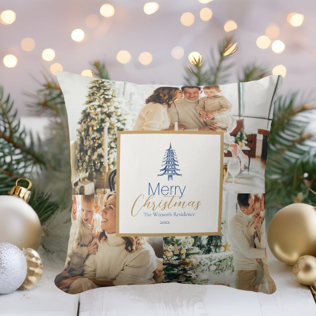Pagode Bleue Arbre de Noël Oreiller 3 Photo (Blue Pagoda Christmas Tree 3-Photo Throw Pillow)