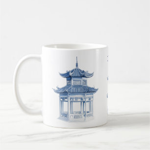Pagode Chinoiserie Bleu et Blanc Café Mug