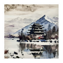 Pagode de montagne sereine, affiche d'hiver