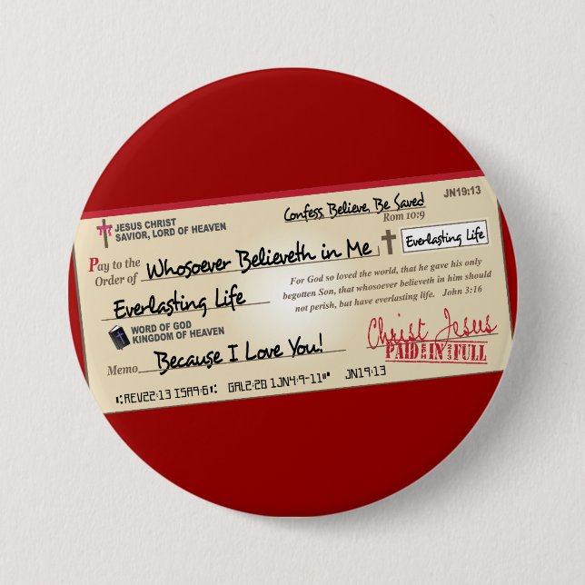 Paid in Full Saved by Jesus Check 3 Inch Round Button (Front)
